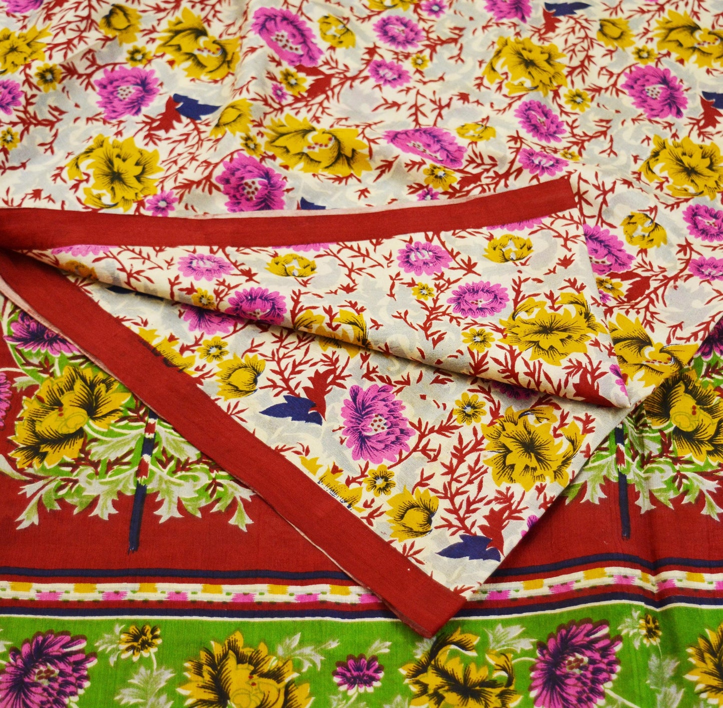 Indian Vintage Sari Ivory & Red Pure Silk Printed Saree 5yd Sewing Craft Fabric DressMaking Soft Wrap Upcycle Used