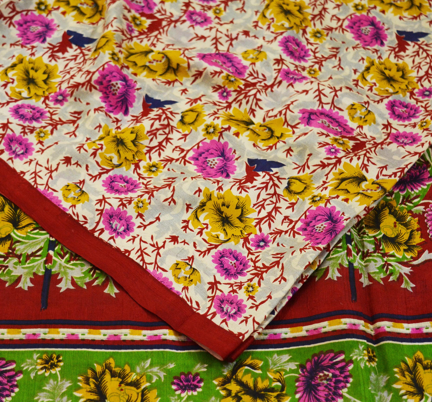 Indian Vintage Sari Ivory & Red Pure Silk Printed Saree 5yd Sewing Craft Fabric DressMaking Soft Wrap Upcycle Used