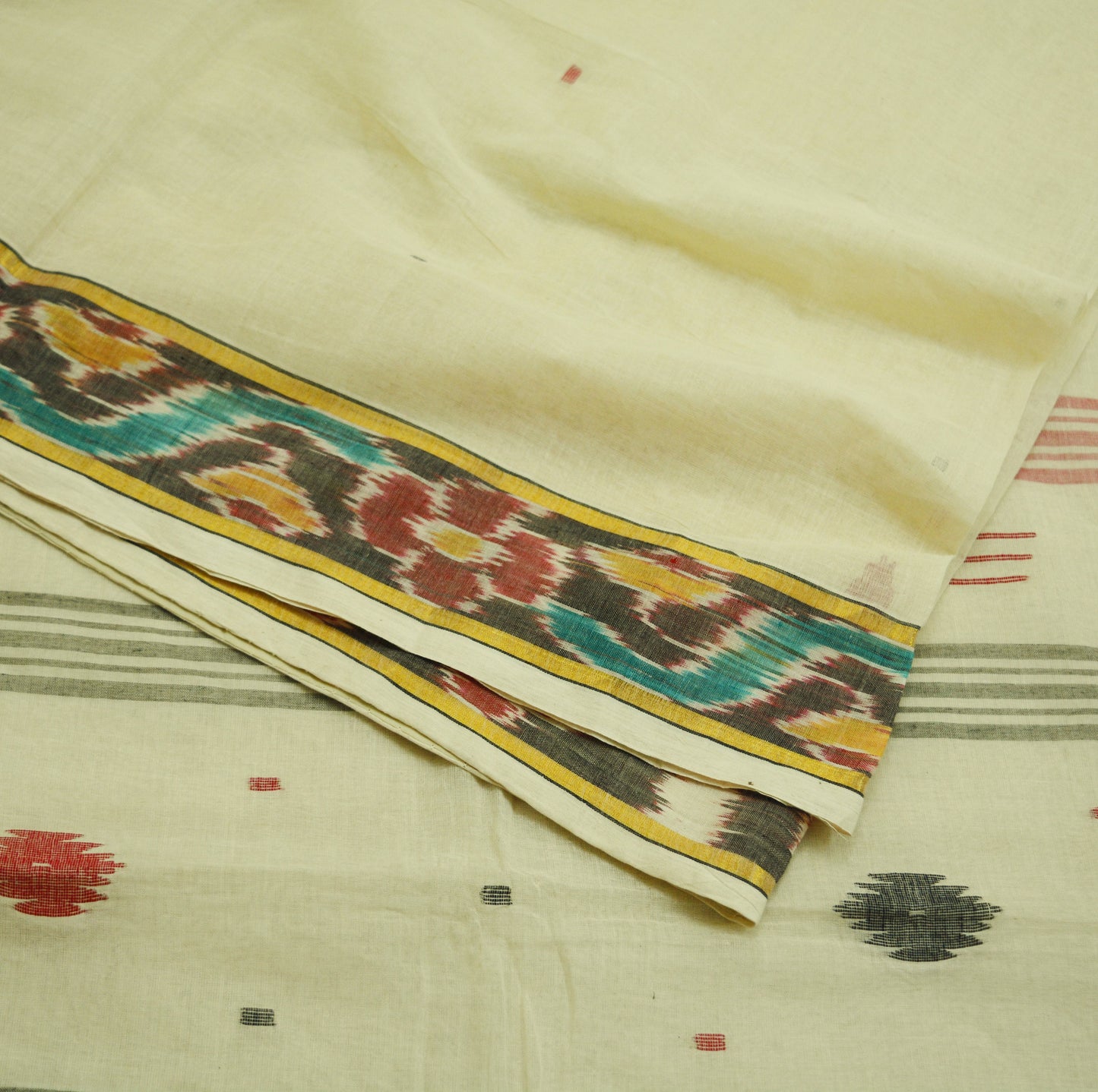 Indian Vintage Off-white Hand woven Sambalpuri Ikat sari Saree Pure Cotton Indian Sari Fabric 5Yard Ethnic Chackra Border