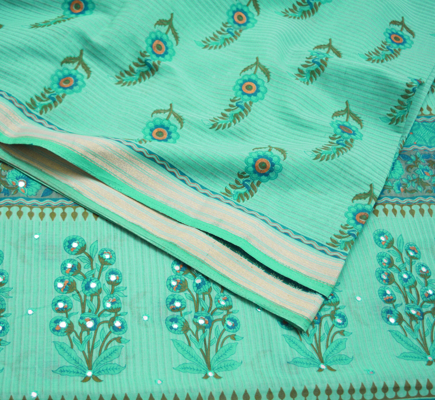 Indian Vintage Sari Green Printed 100% Pure Cotton Saree Craft Soft Fabric 6Yard Sewing Sarong Boho Floral