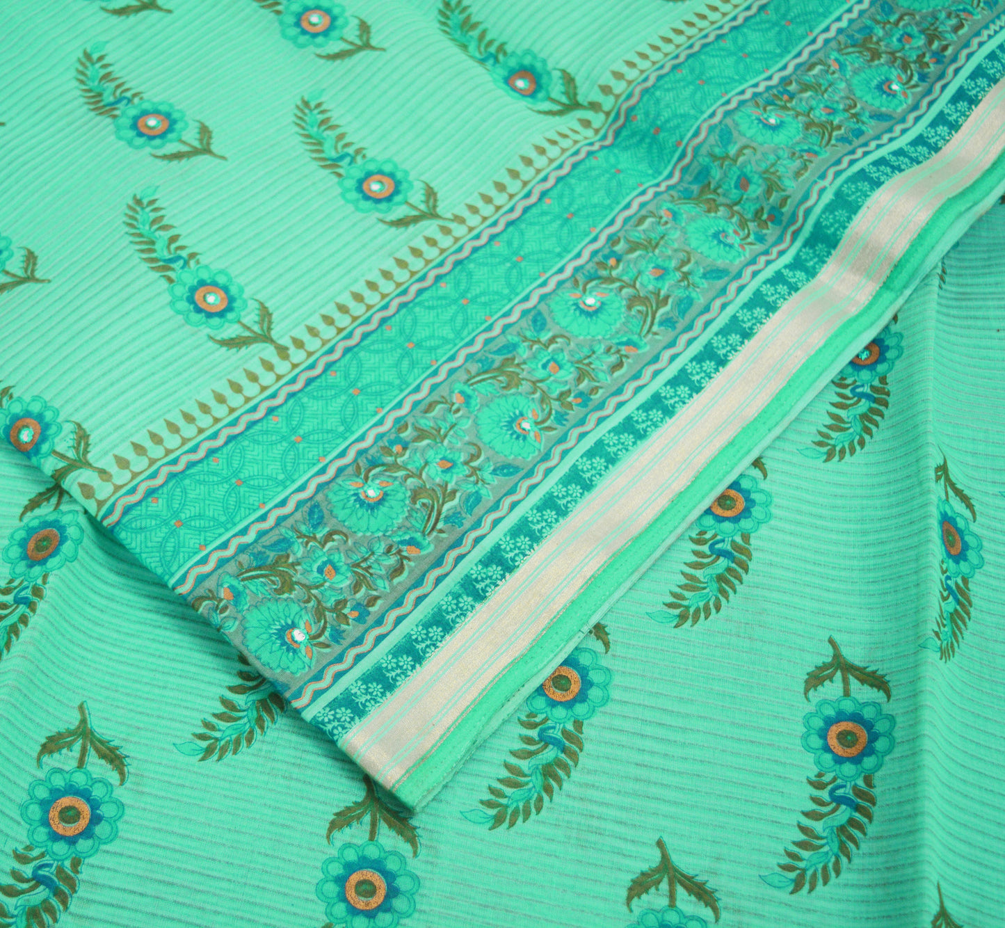 Indian Vintage Sari Green Printed 100% Pure Cotton Saree Craft Soft Fabric 6Yard Sewing Sarong Boho Floral