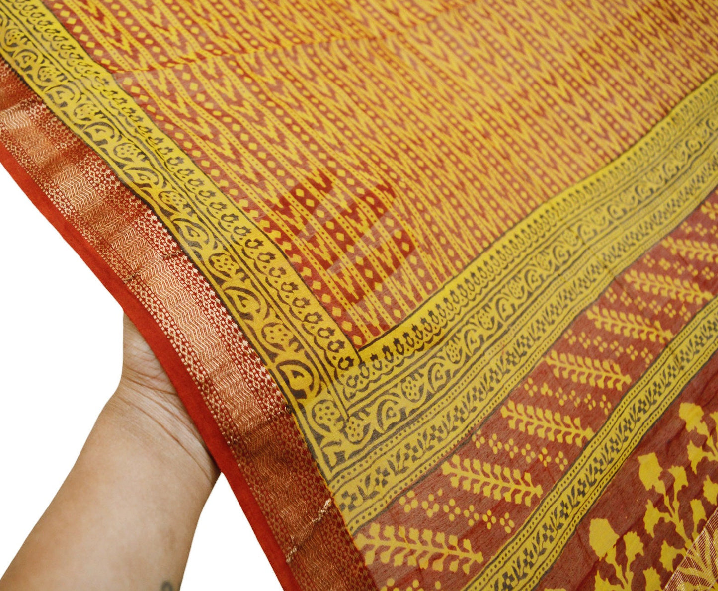 Indian Yellow & Maroon Vintage Dupatta Long Stole Block Print 100% Pure Cotton Indian Scarf Veil Soft Paisley Floral Zari