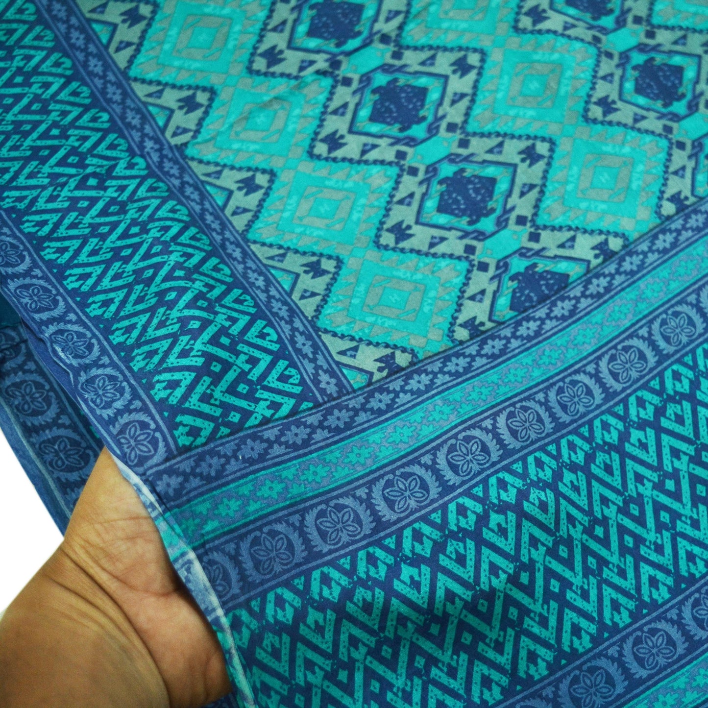 Indian Vintage Sari Green & Blue 100% Pure Silk Printed Sarees 5yd Sewing Craft Fabric DressMaking Soft Wrap