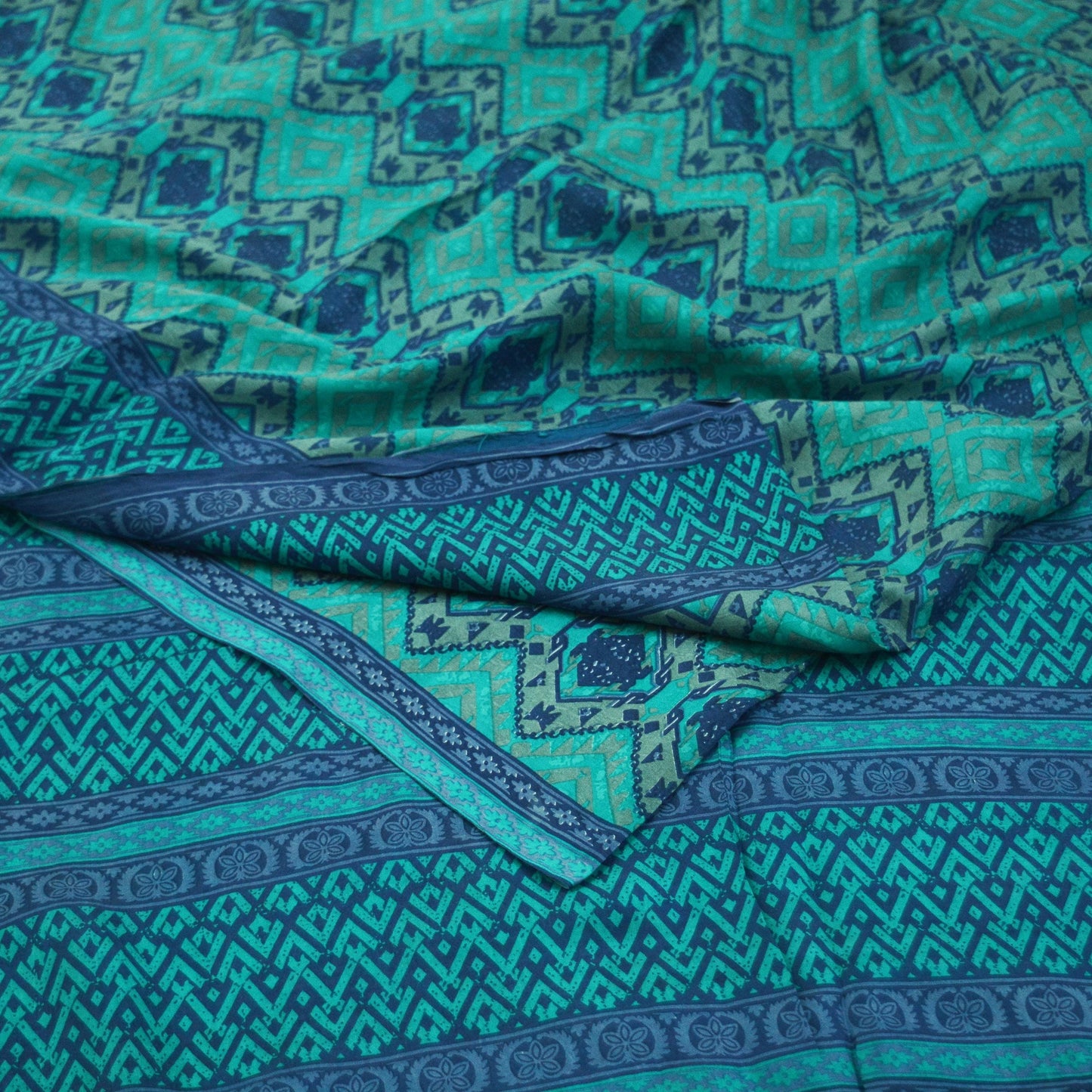 Indian Vintage Sari Green & Blue 100% Pure Silk Printed Sarees 5yd Sewing Craft Fabric DressMaking Soft Wrap