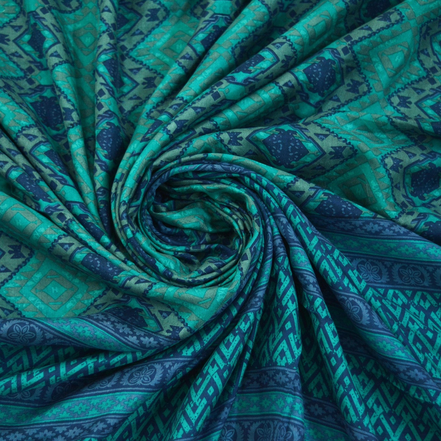 Indian Vintage Sari Green & Blue 100% Pure Silk Printed Sarees 5yd Sewing Craft Fabric DressMaking Soft Wrap