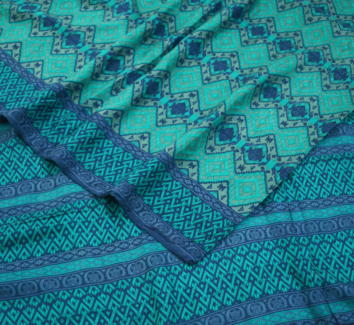 Indian Vintage Sari Green & Blue 100% Pure Silk Printed Sarees 5yd Sewing Craft Fabric DressMaking Soft Wrap