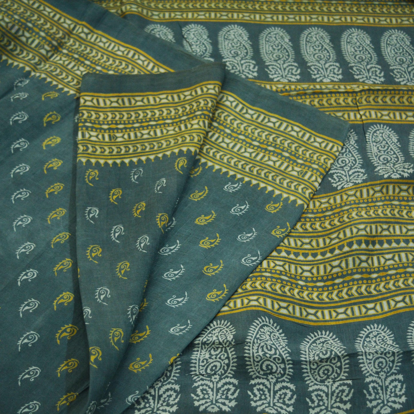 Indian Vintage Sari Gray 100% Pure Silk Block Printed Saree 6yard Sewing Craft Fabric DressMaking Soft Floral