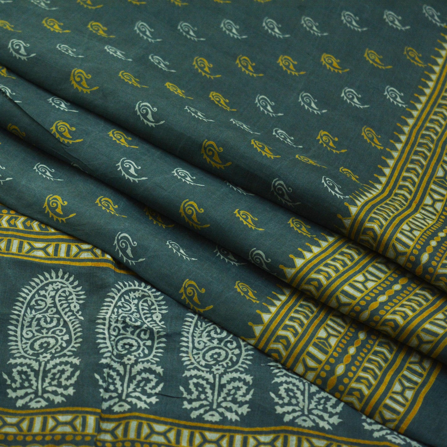 Indian Vintage Sari Gray 100% Pure Silk Block Printed Saree 6yard Sewing Craft Fabric DressMaking Soft Floral