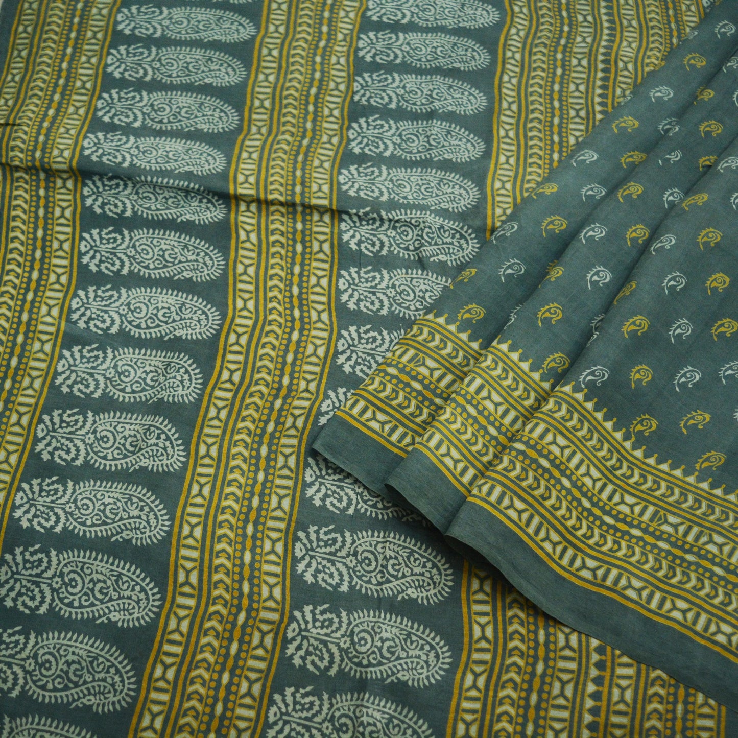 Indian Vintage Sari Gray 100% Pure Silk Block Printed Saree 6yard Sewing Craft Fabric DressMaking Soft Floral