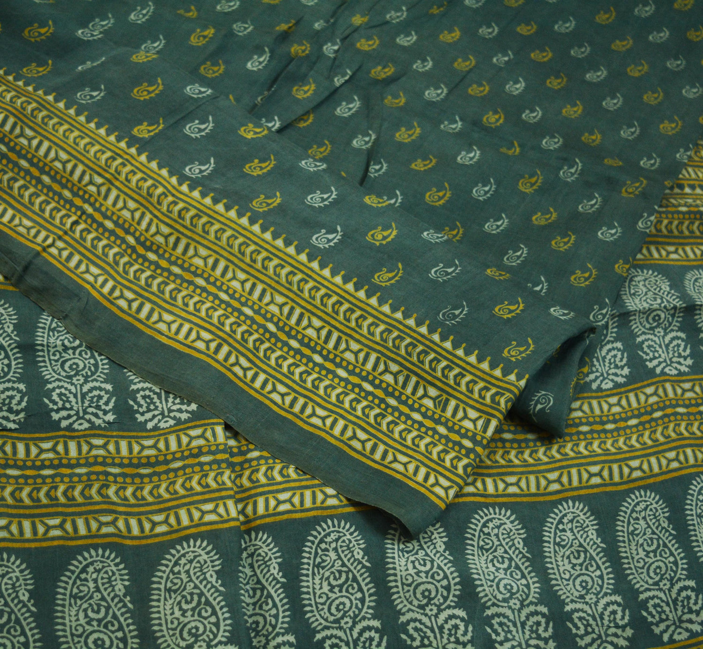 Indian Vintage Sari Gray 100% Pure Silk Block Printed Saree 6yard Sewing Craft Fabric DressMaking Soft Floral