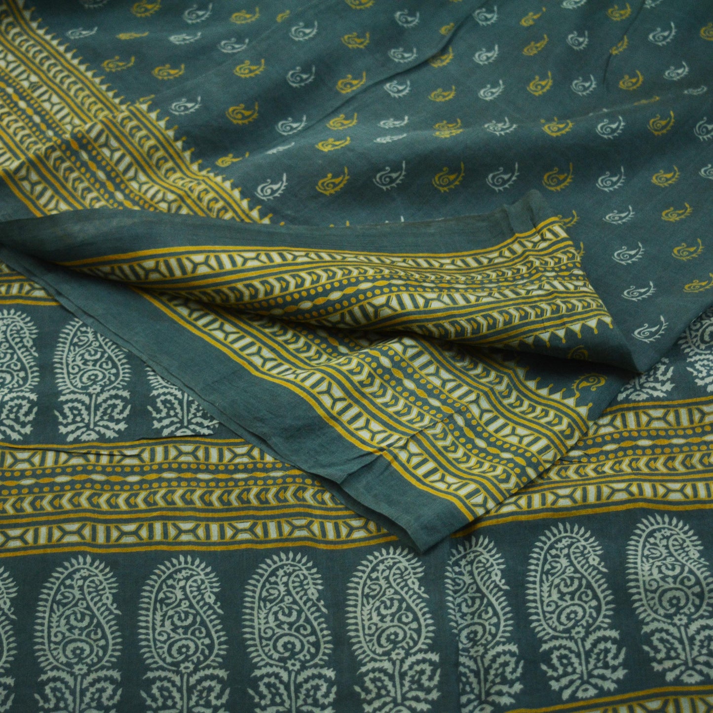 Indian Vintage Sari Gray 100% Pure Silk Block Printed Saree 6yard Sewing Craft Fabric DressMaking Soft Floral