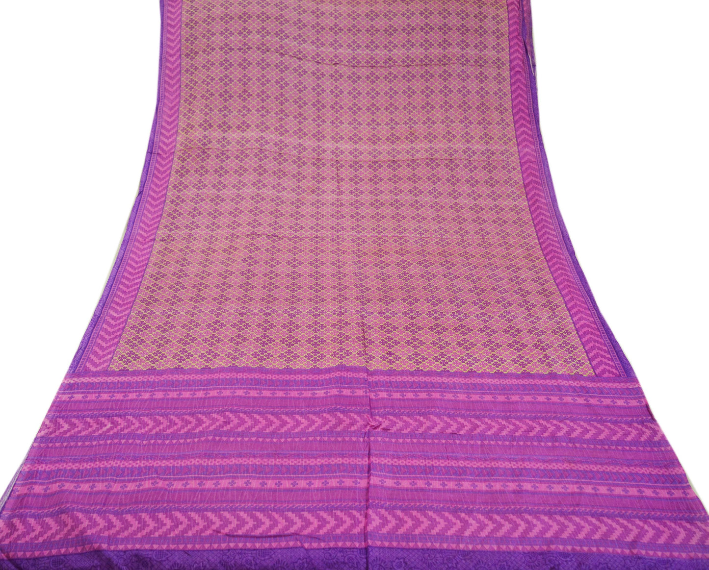 Indian Vintage Sari Beige & Purple 100% Pure Silk Printed Saree 5yd Sewing Craft Fabric DressMaking Soft Floral