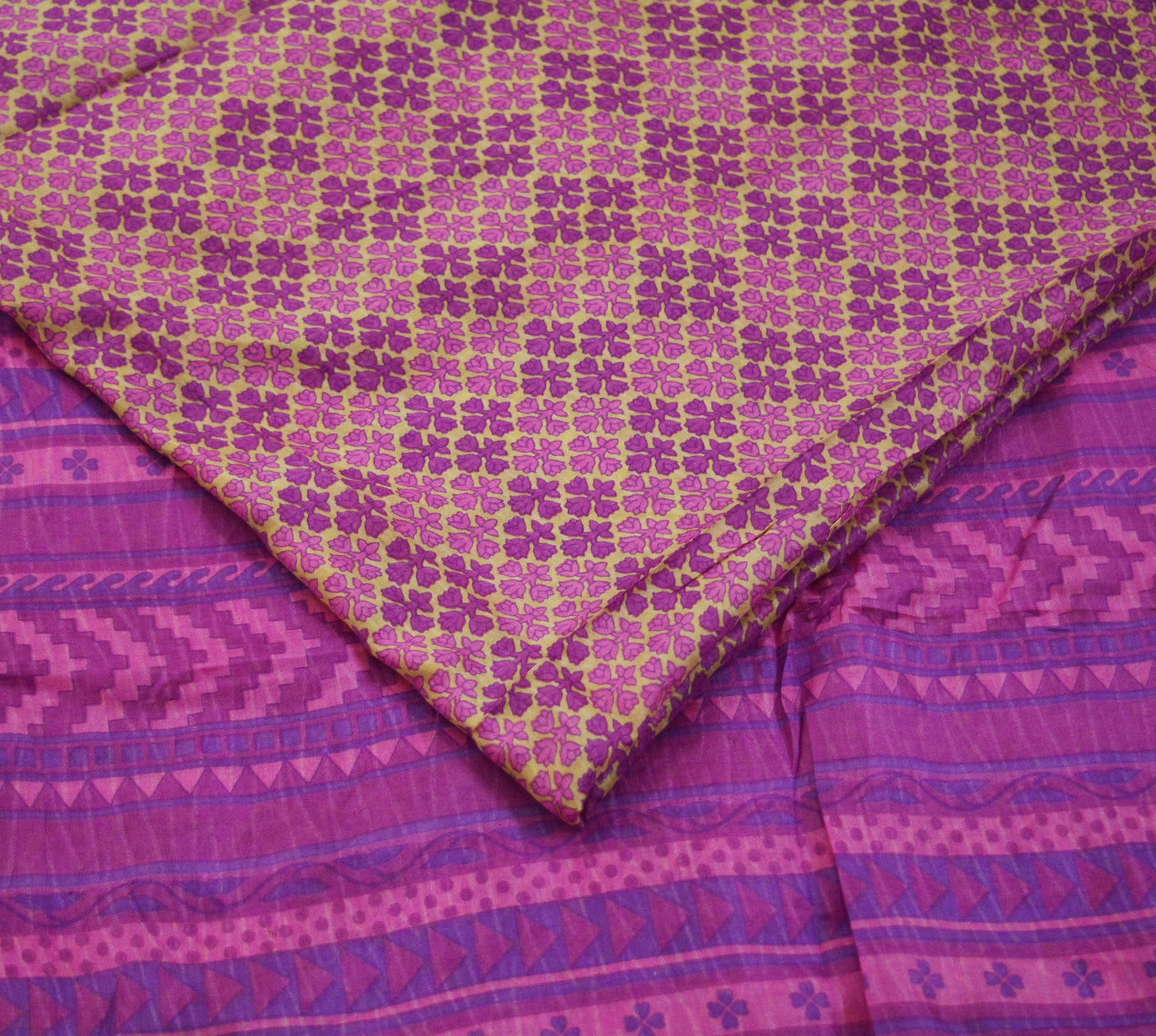 Indian Vintage Sari Beige & Purple 100% Pure Silk Printed Saree 5yd Sewing Craft Fabric DressMaking Soft Floral