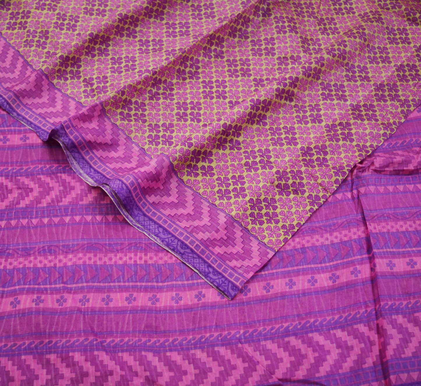 Indian Vintage Sari Beige & Purple 100% Pure Silk Printed Saree 5yd Sewing Craft Fabric DressMaking Soft Floral