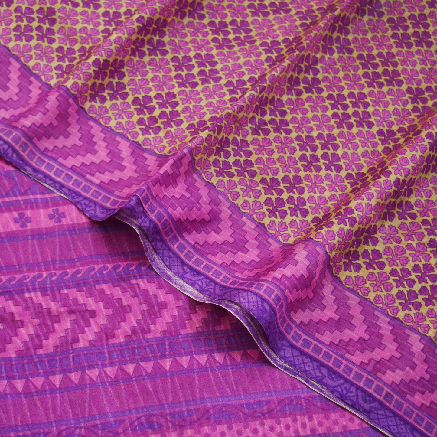 Indian Vintage Sari Beige & Purple 100% Pure Silk Printed Saree 5yd Sewing Craft Fabric DressMaking Soft Floral