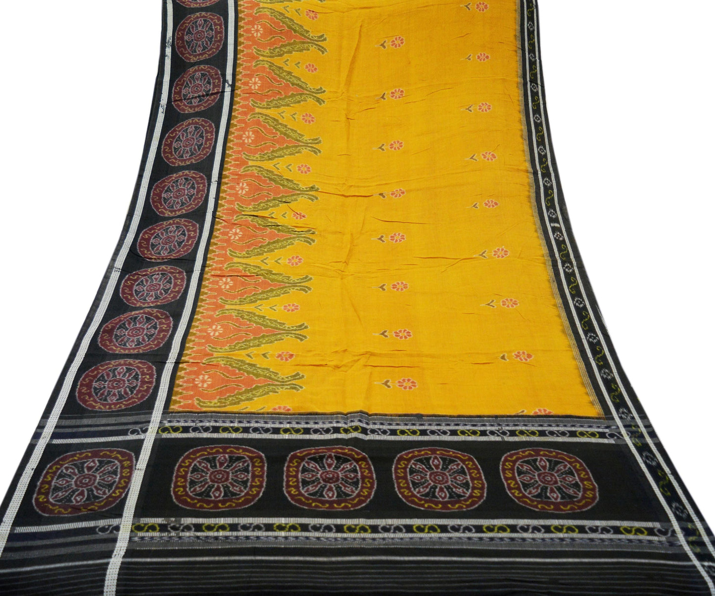 Indian Vintage Black & Mustard Hand woven Sambalpuri Ikat Saree Pure Cotton Indian Sari Fabric 5Yard Ethnic Chackra Border