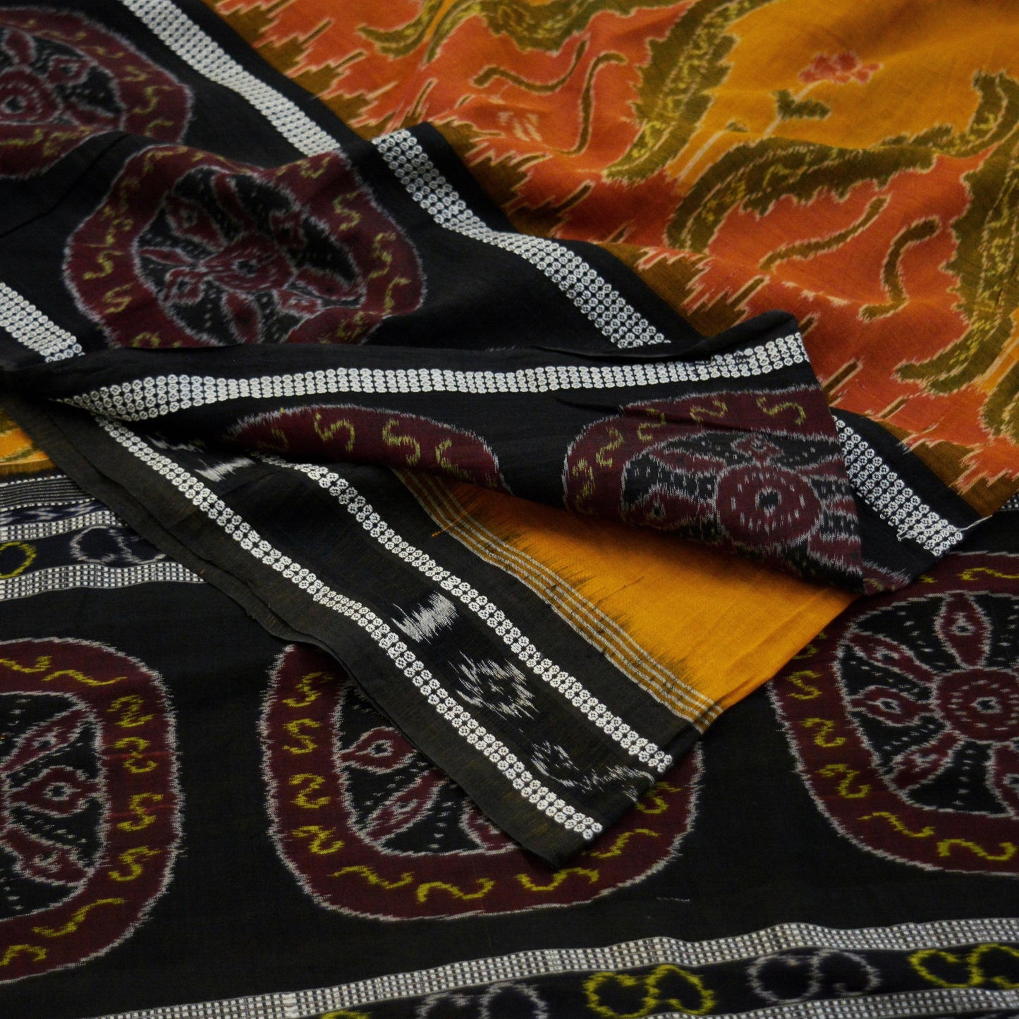Indian Vintage Black & Mustard Hand woven Sambalpuri Ikat Saree Pure Cotton Indian Sari Fabric 5Yard Ethnic Chackra Border