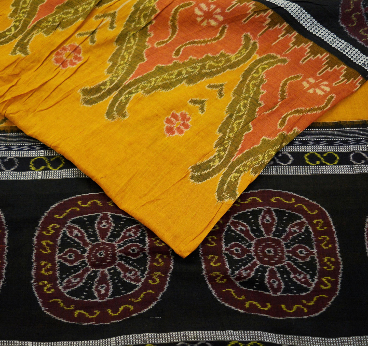 Indian Vintage Black & Mustard Hand woven Sambalpuri Ikat Saree Pure Cotton Indian Sari Fabric 5Yard Ethnic Chackra Border