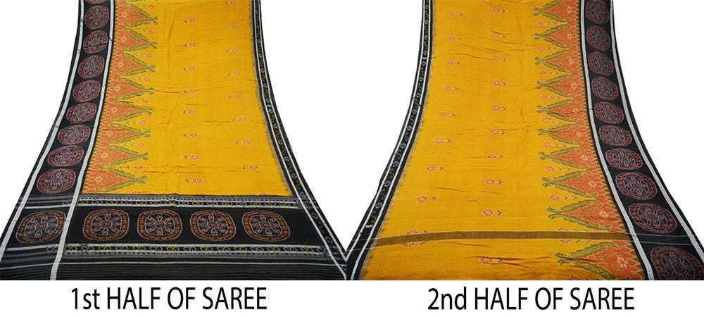 Indian Vintage Black & Mustard Hand woven Sambalpuri Ikat Saree Pure Cotton Indian Sari Fabric 5Yard Ethnic Chackra Border