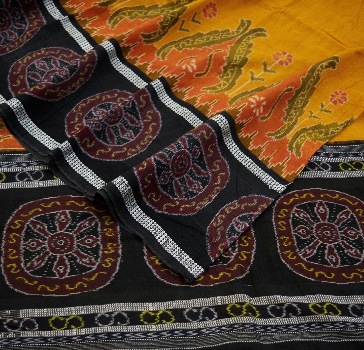 Indian Vintage Black & Mustard Hand woven Sambalpuri Ikat Saree Pure Cotton Indian Sari Fabric 5Yard Ethnic Chackra Border