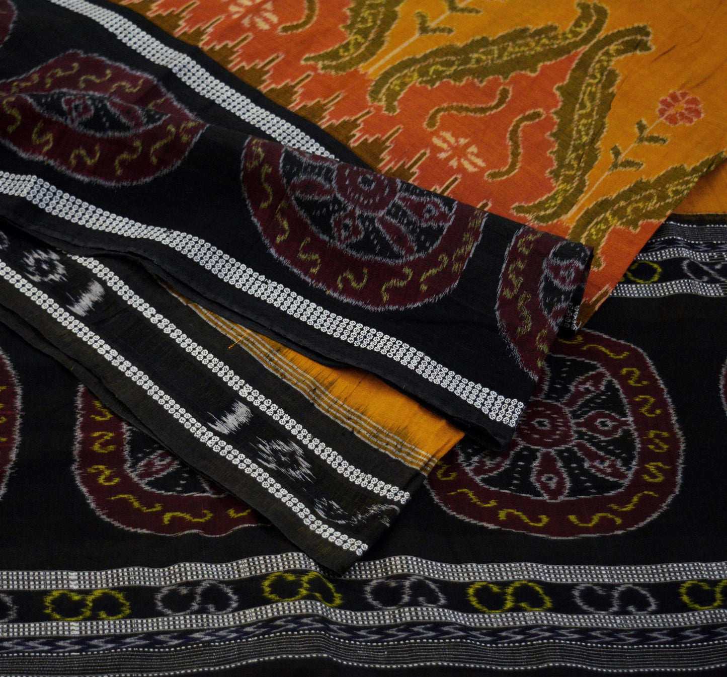 Indian Vintage Black & Mustard Hand woven Sambalpuri Ikat Saree Pure Cotton Indian Sari Fabric 5Yard Ethnic Chackra Border