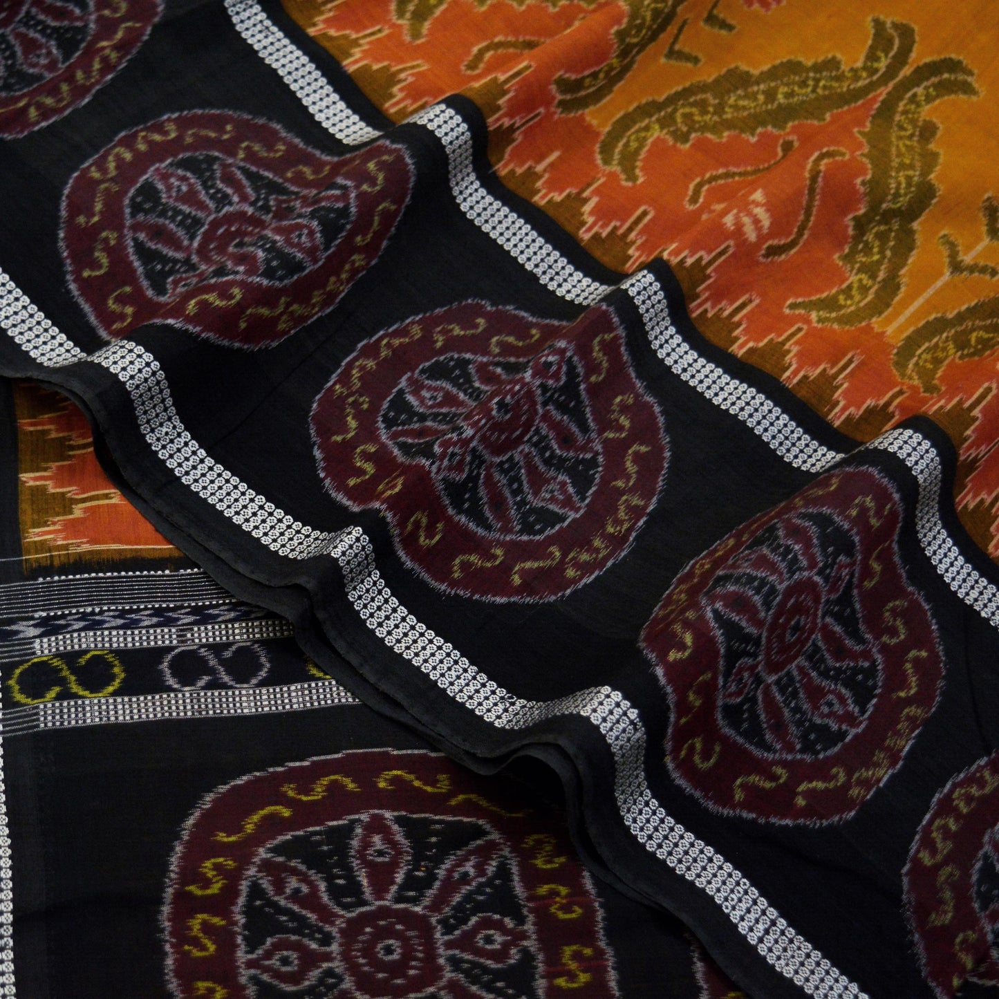 Indian Vintage Black & Mustard Hand woven Sambalpuri Ikat Saree Pure Cotton Indian Sari Fabric 5Yard Ethnic Chackra Border