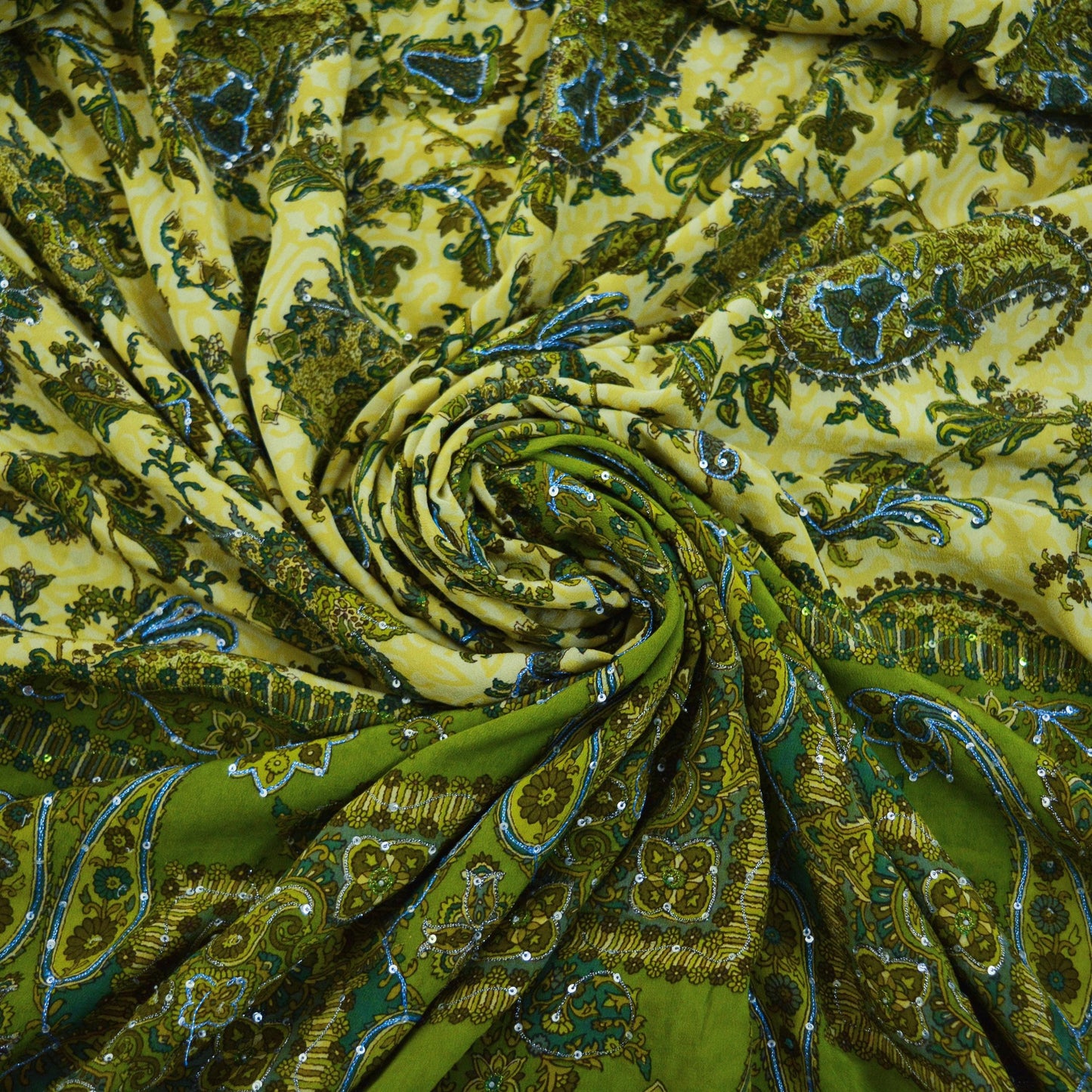 Indian Vintage Sari Green & Beige Pure Crepe Silk Hand Embroidered Saree 5yard Sewing Floral Craft Sequins