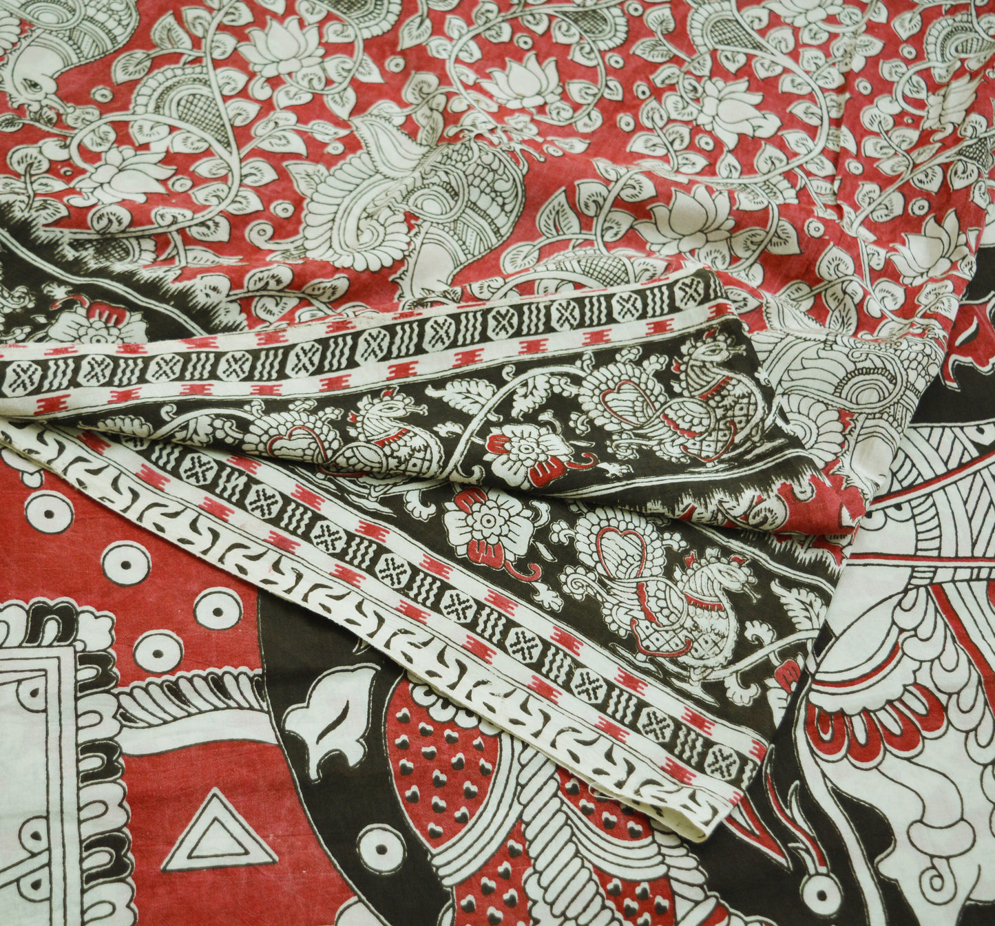 Indian Vintage Sari Kalamkari Printed Pure Cotton Saree Fabric Soft Floral 5Yd Sarong Wrap Fabric Peacock