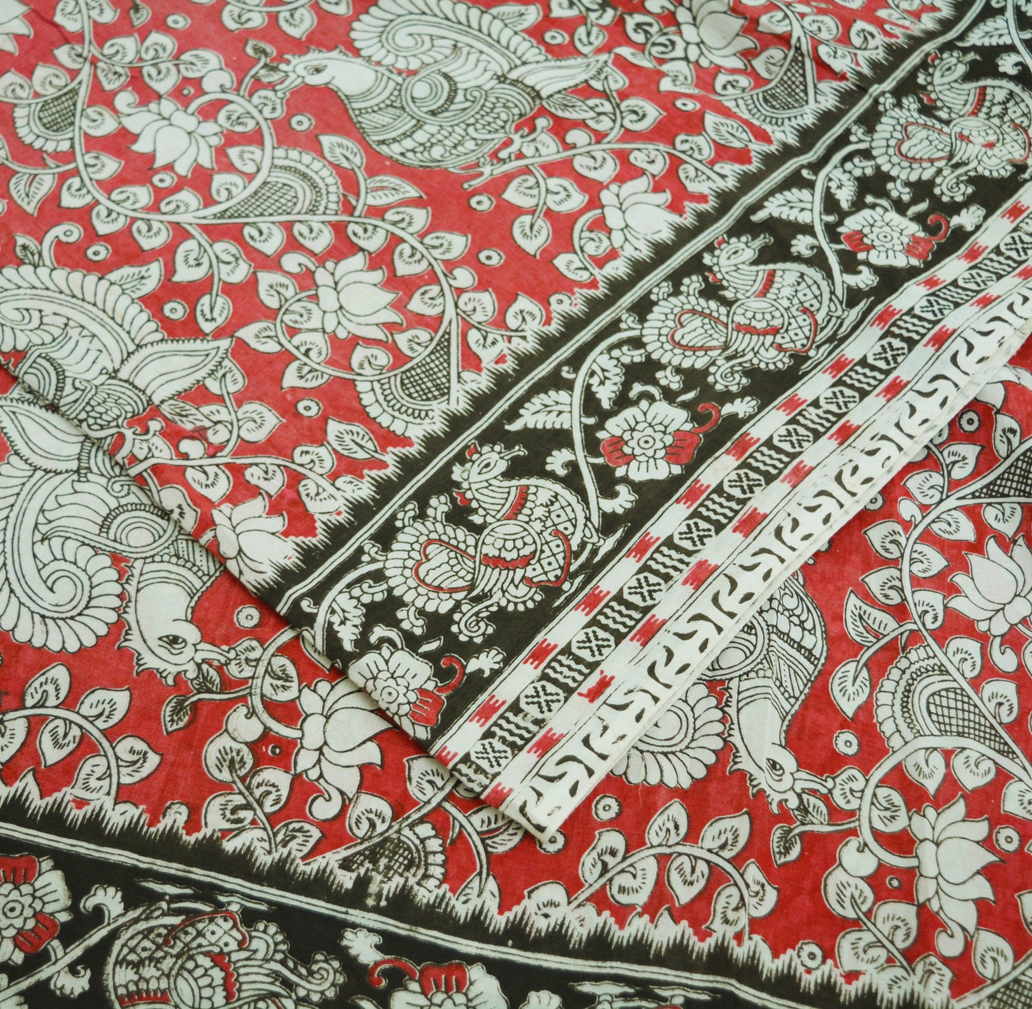 Indian Vintage Sari Kalamkari Printed Pure Cotton Saree Fabric Soft Floral 5Yd Sarong Wrap Fabric Peacock