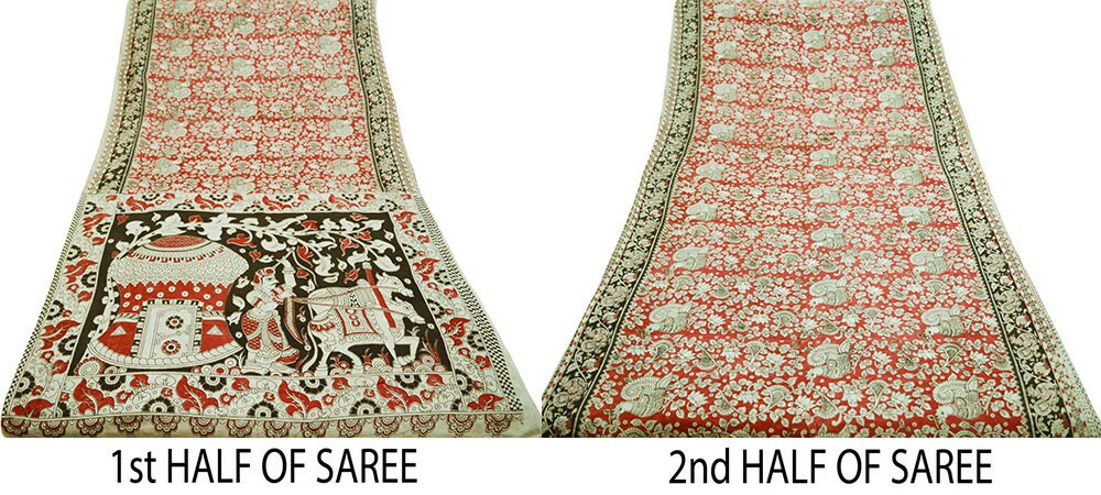 Indian Vintage Sari Kalamkari Printed Pure Cotton Saree Fabric Soft Floral 5Yd Sarong Wrap Fabric Peacock