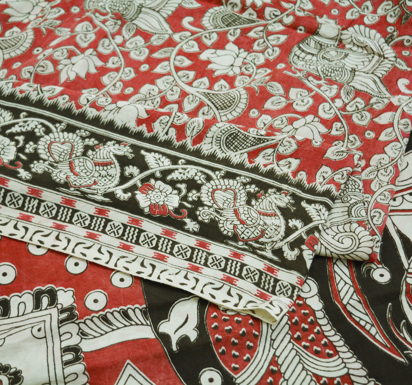 Indian Vintage Sari Kalamkari Printed Pure Cotton Saree Fabric Soft Floral 5Yd Sarong Wrap Fabric Peacock