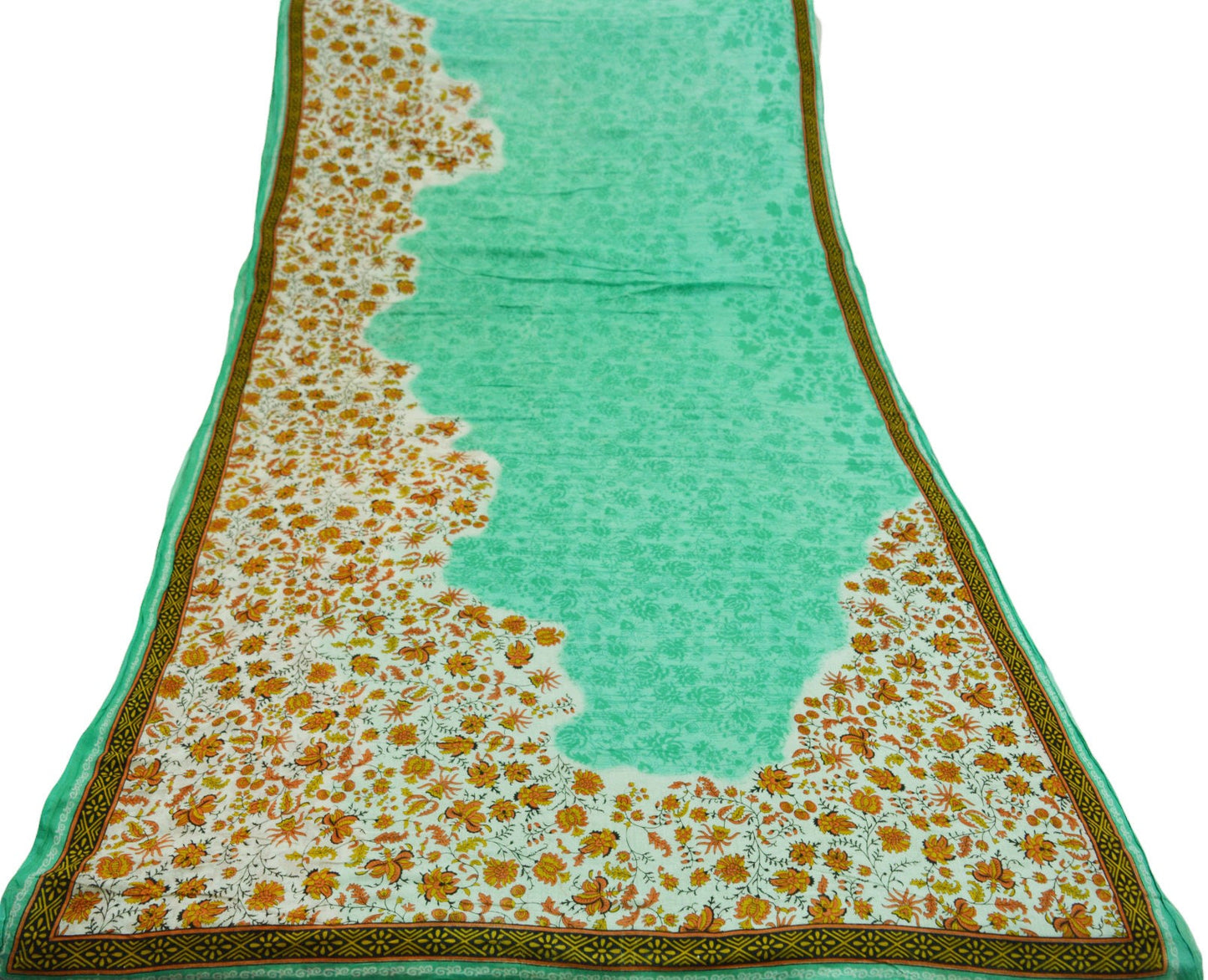 Indian Vintage Sari Green Printed Pure Cotton Saree Craft Soft Fabric 5Yard Sewing Sarong Wrap Boho Floral