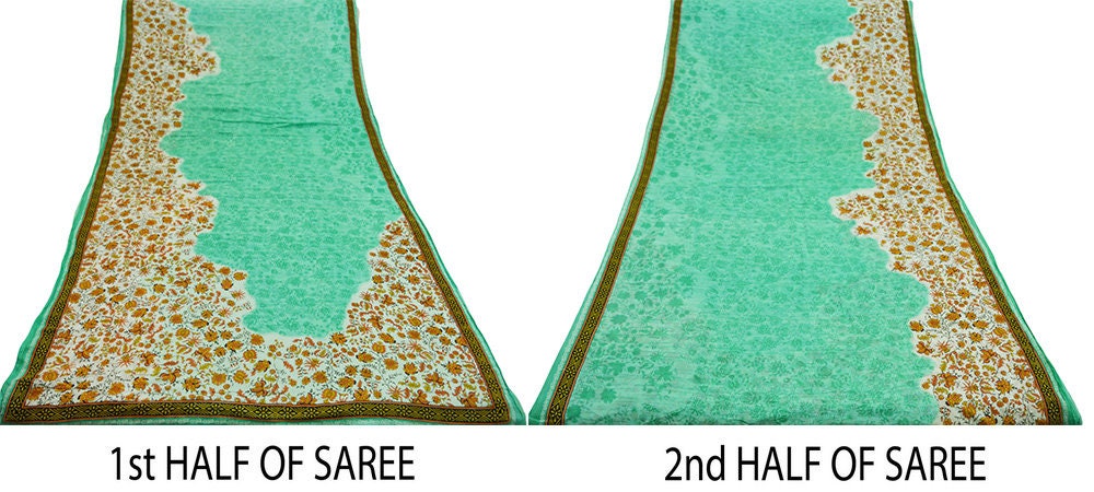 Indian Vintage Sari Green Printed Pure Cotton Saree Craft Soft Fabric 5Yard Sewing Sarong Wrap Boho Floral