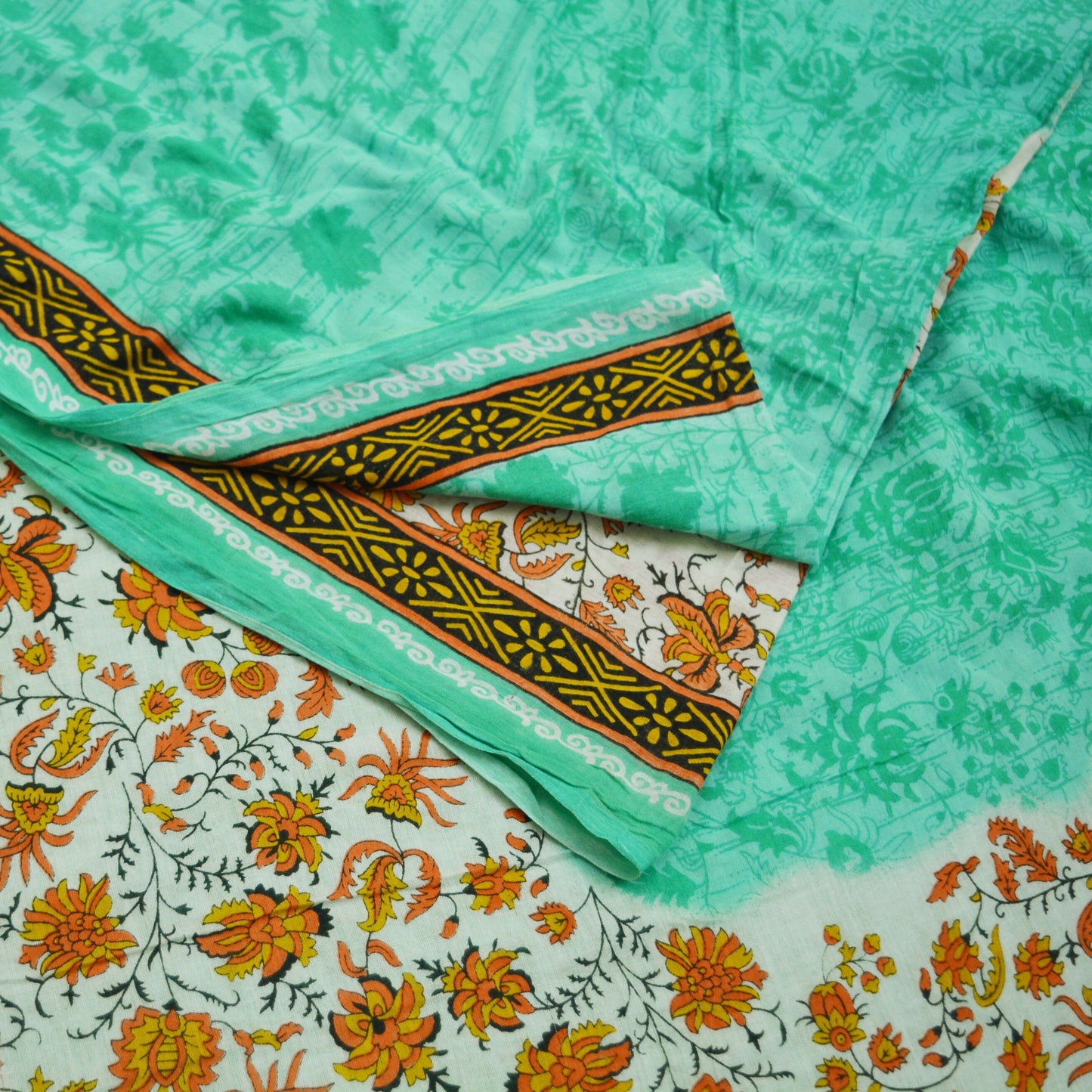 Indian Vintage Sari Green Printed Pure Cotton Saree Craft Soft Fabric 5Yard Sewing Sarong Wrap Boho Floral