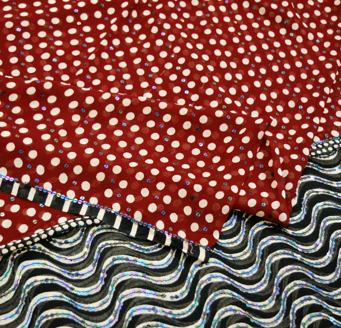 Indian Black & Red Vintage Dupatta Long Stole Hand Beaded Printed Pure Georgette Silk Indian Scarves Veil Wrap Soft Floral