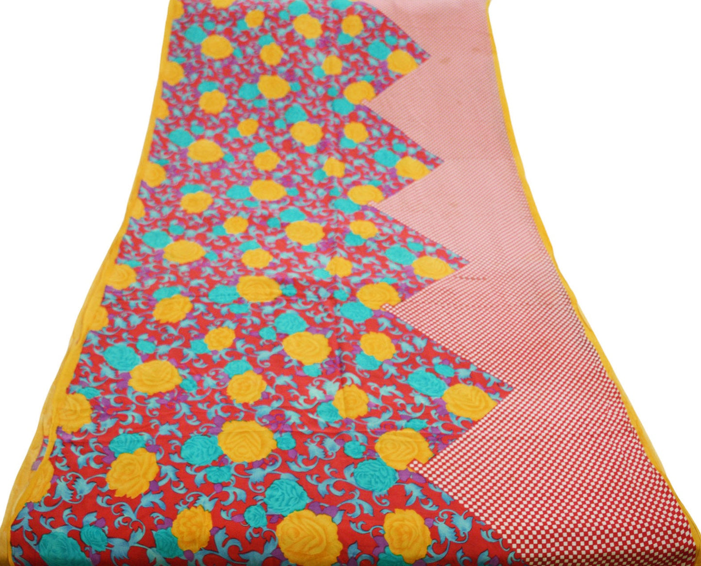 Indian Vintage Sari Red Pure Crepe Silk Printed Saree 5yard Sewing Floral Soft Craft Fabric Wrap