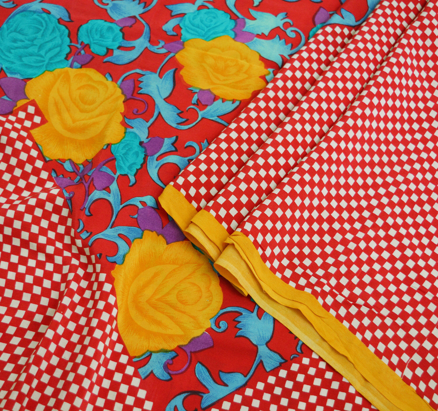 Indian Vintage Sari Red Pure Crepe Silk Printed Saree 5yard Sewing Floral Soft Craft Fabric Wrap