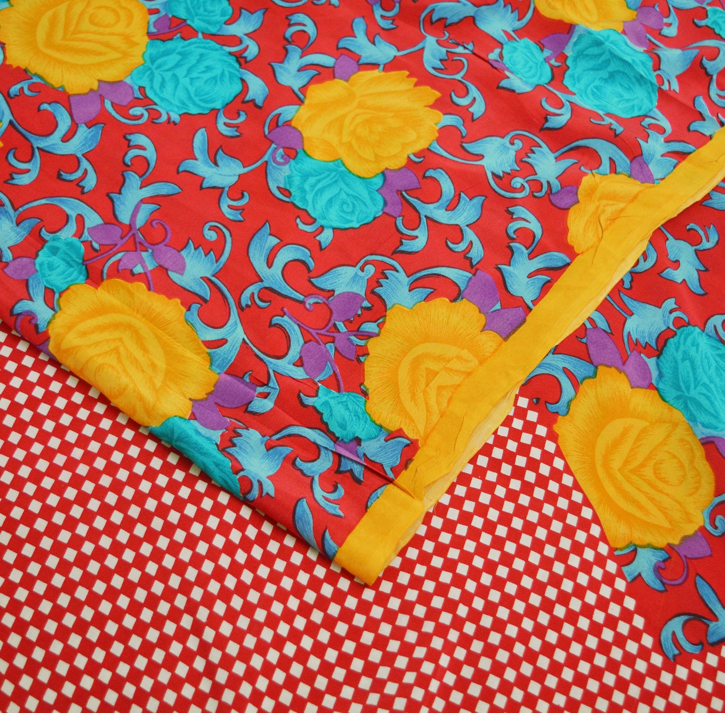Indian Vintage Sari Red Pure Crepe Silk Printed Saree 5yard Sewing Floral Soft Craft Fabric Wrap