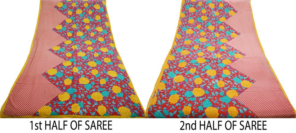 Indian Vintage Sari Red Pure Crepe Silk Printed Saree 5yard Sewing Floral Soft Craft Fabric Wrap