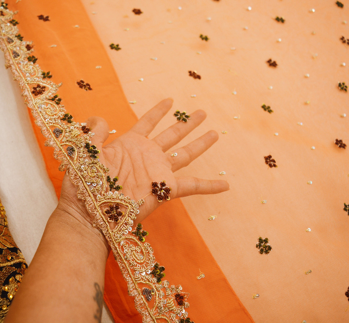 Indian Vintage Orange Saree Net/Mesh Hand Embroidered Indian Sari Fabric 6Yd Sewing Soft Zardozi/Dabka Zari Sequins