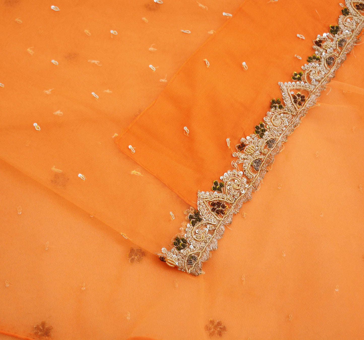 Indian Vintage Orange Saree Net/Mesh Hand Embroidered Indian Sari Fabric 6Yd Sewing Soft Zardozi/Dabka Zari Sequins