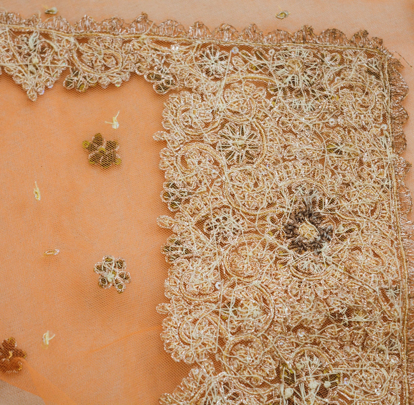 Indian Vintage Orange Saree Net/Mesh Hand Embroidered Indian Sari Fabric 6Yd Sewing Soft Zardozi/Dabka Zari Sequins