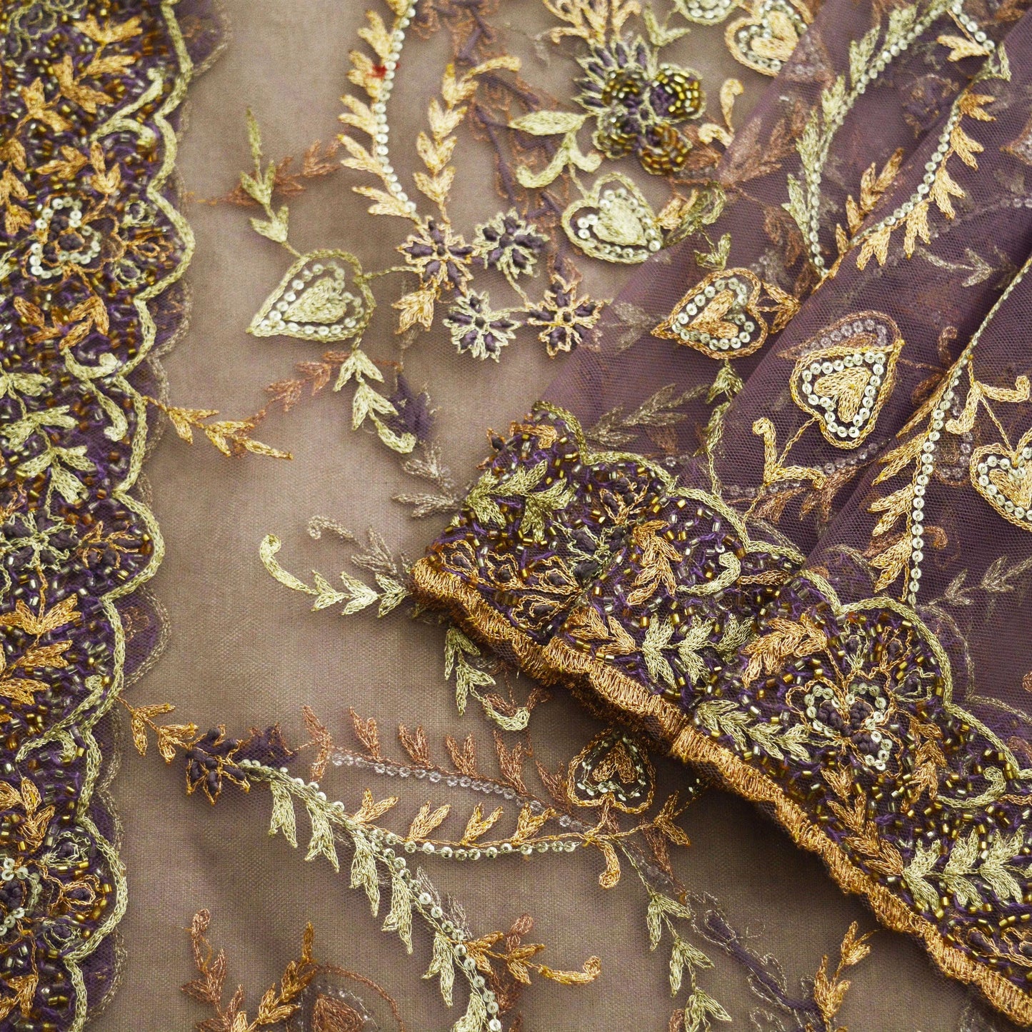 Indian Vintage Heavy Purple Dupatta Net Mesh Long Stole Hand Embroidered Scarf Purple Zardozi Zari Sequins Stole