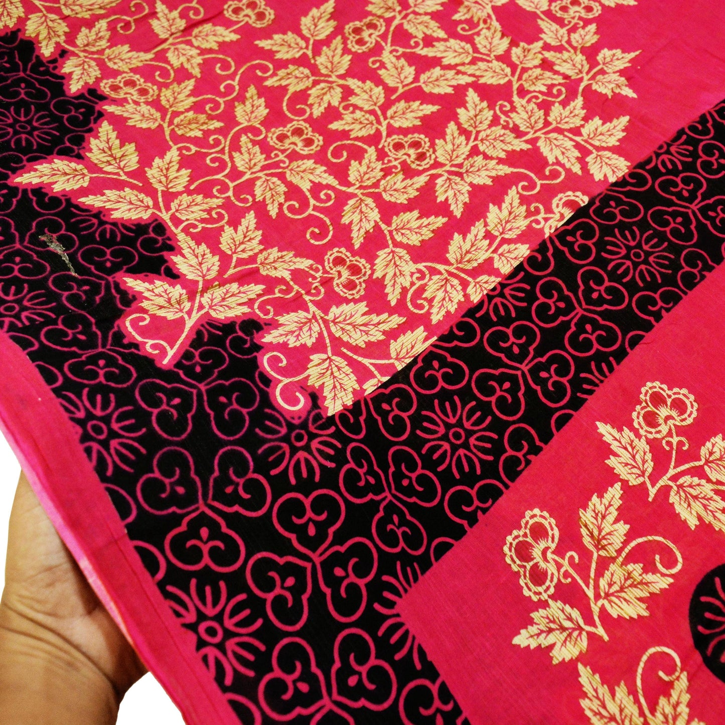 Indian Vintage Sari Ivory & Pink Printed Blend Cotton Saree Craft Soft Fabric 5Yard Sewing Sarong Wrap Boho Floral