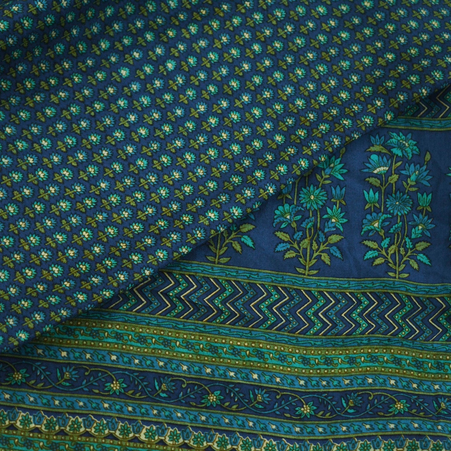 Indian Vintage Sari Blue Pure Silk Printed Saree 5yd Sewing Craft Fabric DressMaking Soft Wrap Floral Quilting Used