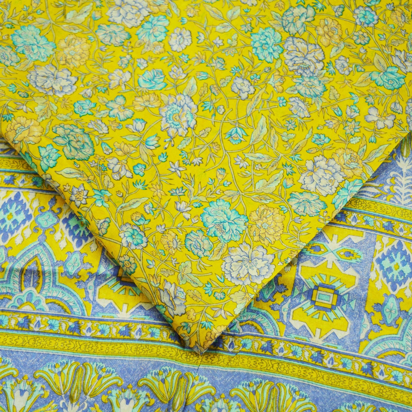 Indian Vintage Sari Yellow 100% Pure Silk Printed Saree 5yd Sewing Craft Fabric DressMaking Soft Wrap Floral Quilting Used