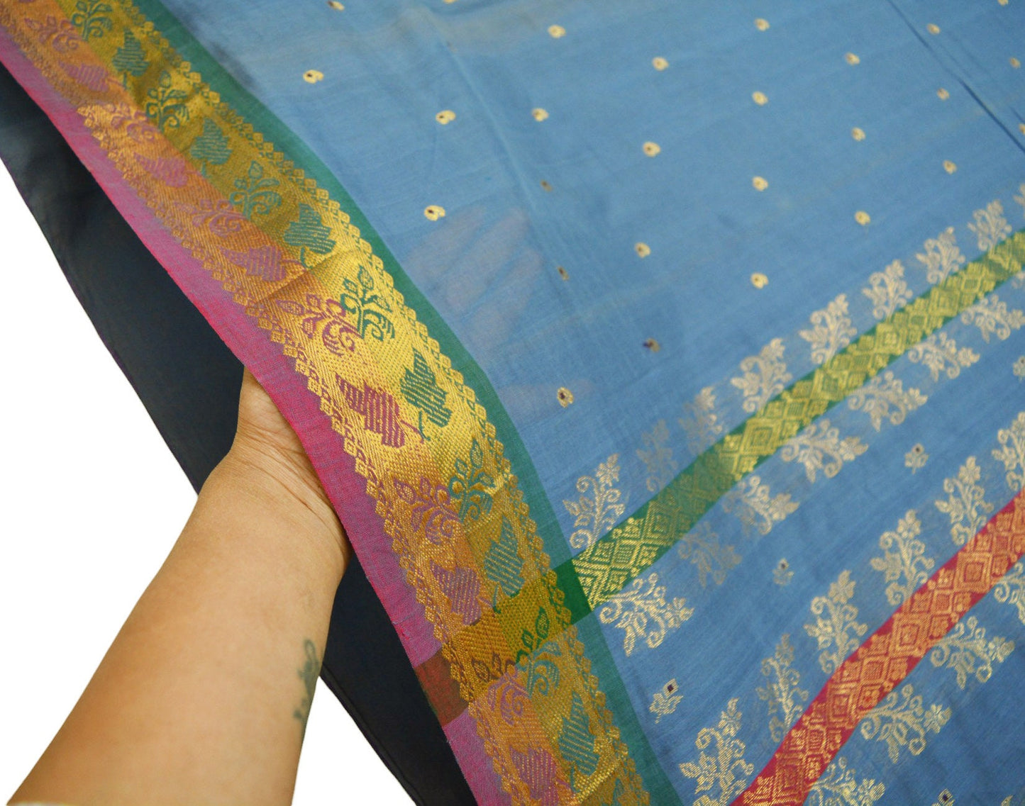 Vintage greyish Sari Blue Pure Cotton Hand Woven Saree Golden Zari 5Yard Soft Floral Golden Zari