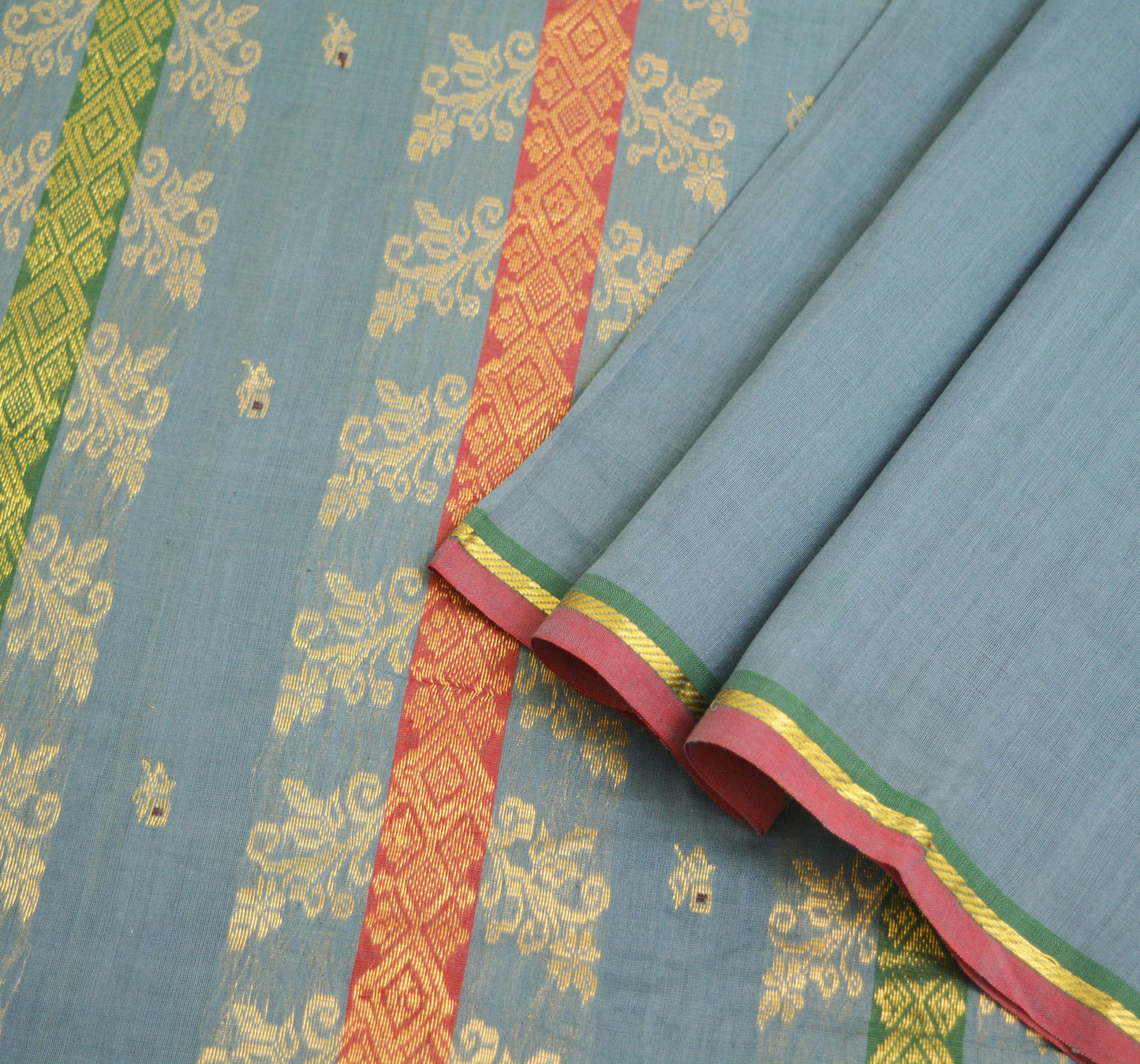 Vintage greyish Sari Blue Pure Cotton Hand Woven Saree Golden Zari 5Yard Soft Floral Golden Zari