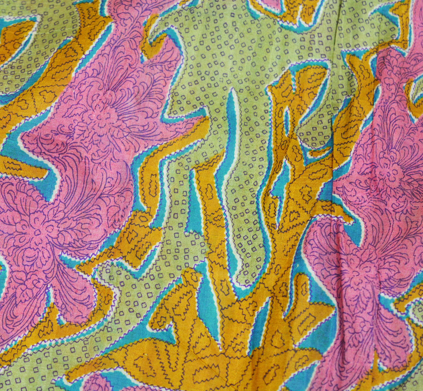 Indian Vintage Sari Pink & Green Pure Silk Printed Saree 5yd Sewing Craft Fabric Dress Making Soft Abstract Ethnic