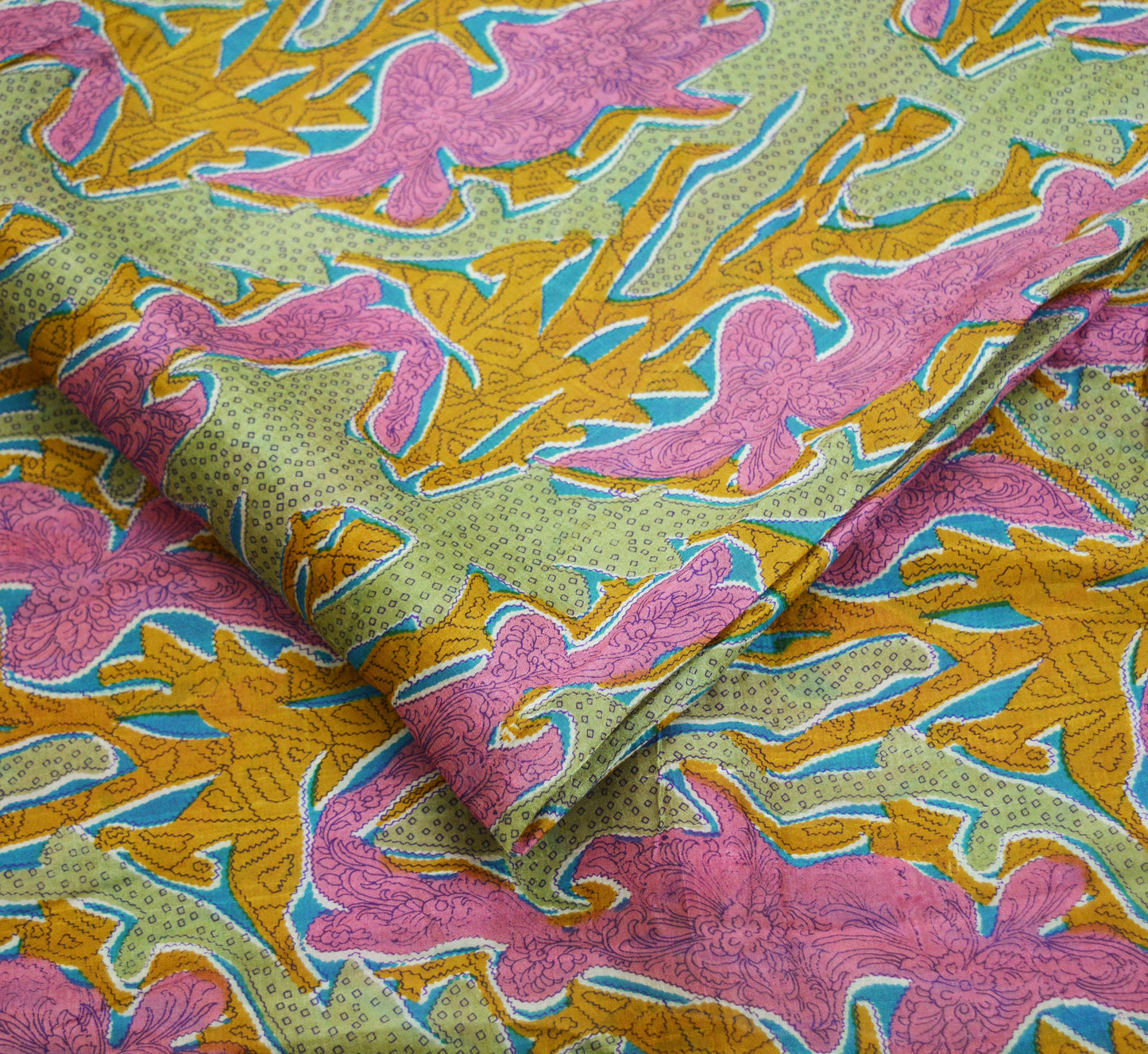 Indian Vintage Sari Pink & Green Pure Silk Printed Saree 5yd Sewing Craft Fabric Dress Making Soft Abstract Ethnic